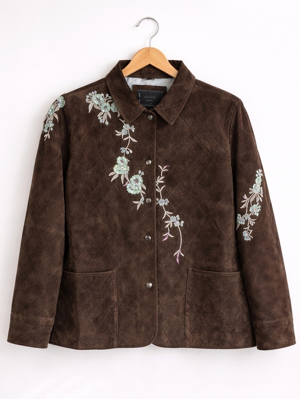 Avanti~Women Suede Leather Quilted Evening Jacket~Floral Embroidery~Brown~2X